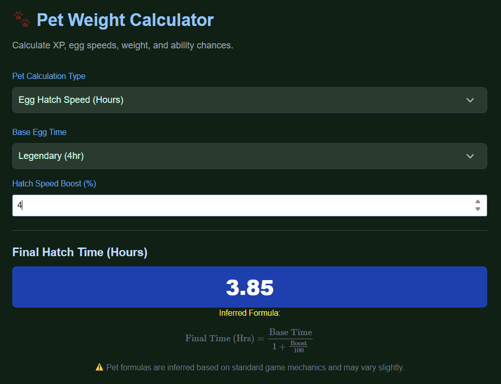 Grow a Garden Pet Weight Calculator – XP, Scaling & Formulas Guide 2 Egg Hatch Speed Calculator